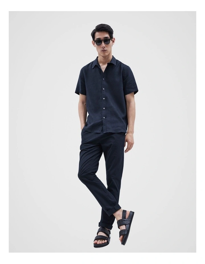 Linen Short Sleeve Regular Fit Shirt in Navy