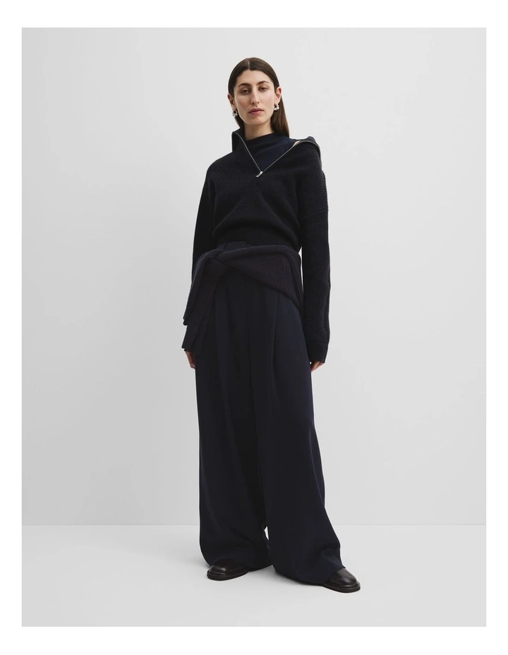 Organically Grown Cotton Blend Zip Neck Rib Knit in Midnight Blue