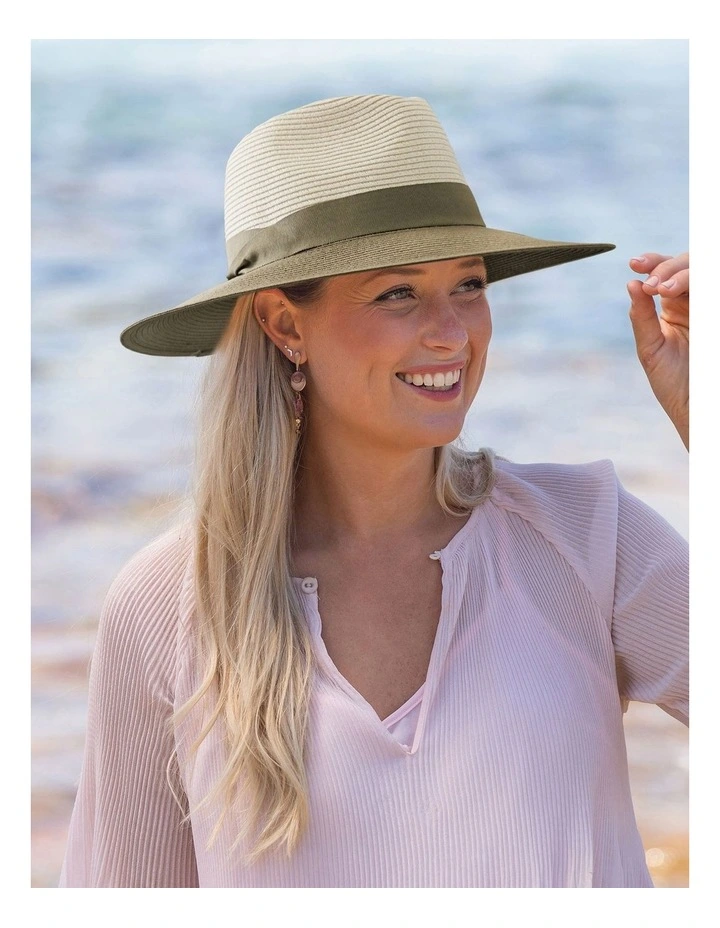 Camile Wide Brim Fedora Hat in Mixed Ivory/Khaki