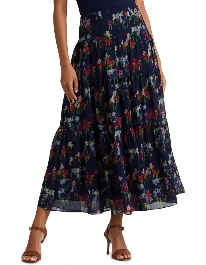 Floral Crinkle Georgette Skirt in Navy