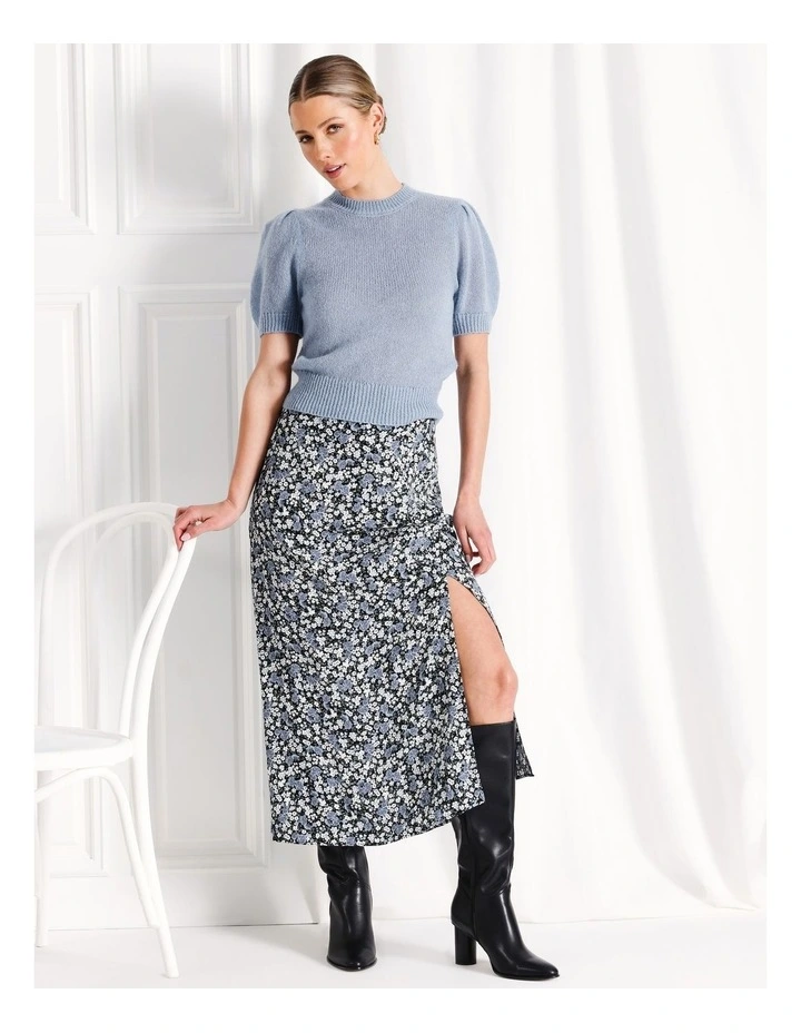 Lofty Puff Sleeve Knit Top in Light Blue