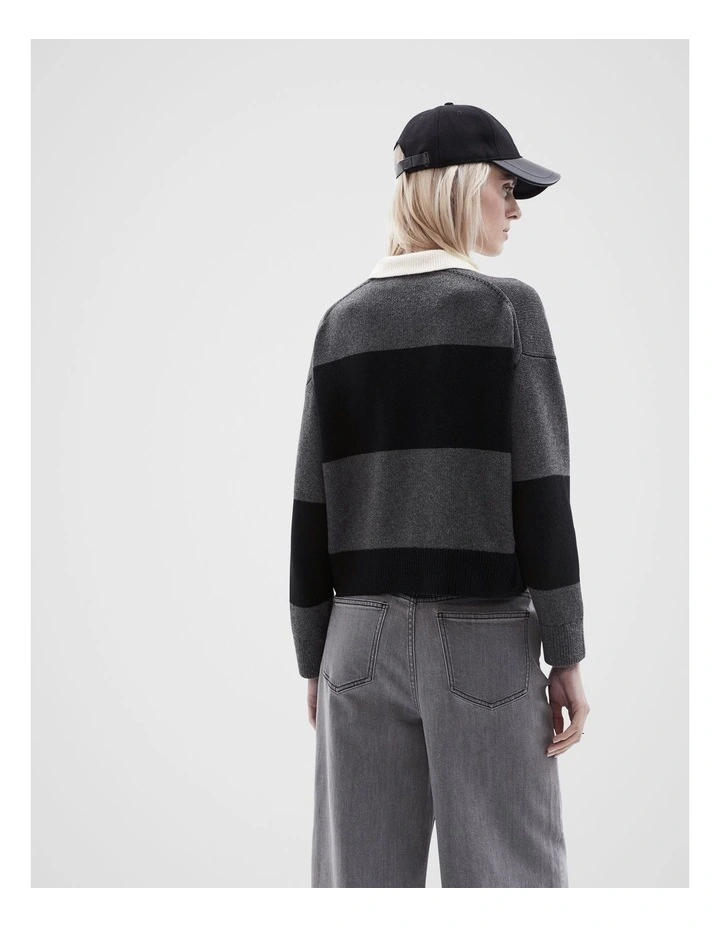 Collared Stripe Knit Jumper in Black Ptnt