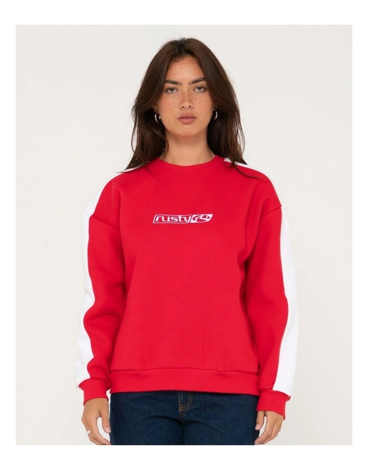 Racing Stripes Oversize Crew Fleece in Red