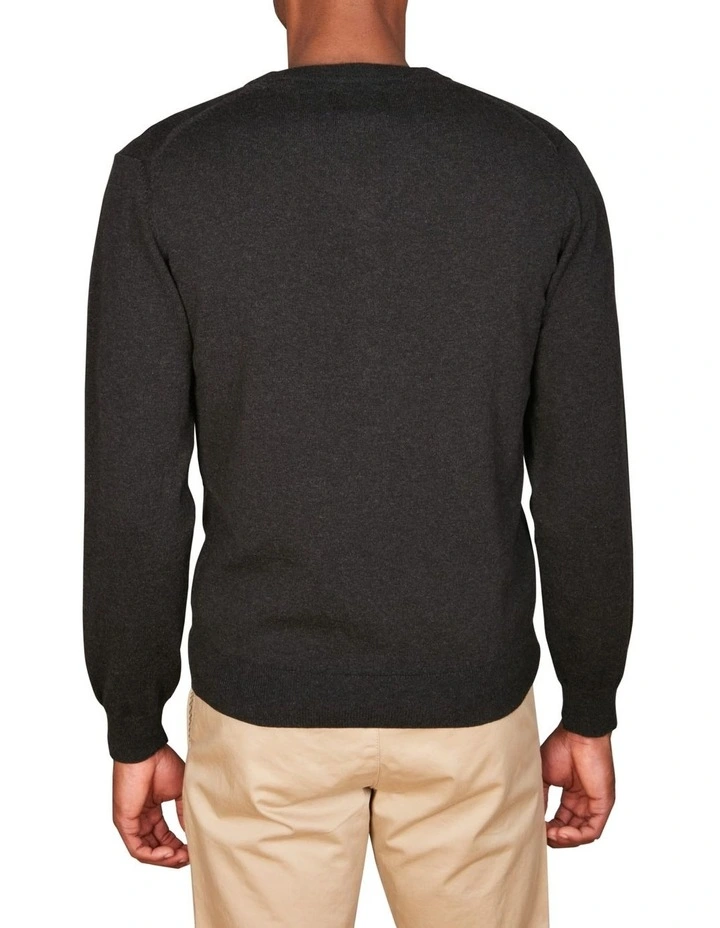 Cotton Wool V-Neck Sweater in Dark Charcoal Melange