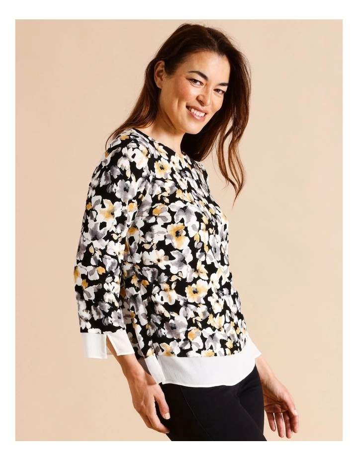 Sustainable Viscose Blend Sheer Trim 3/4 Sleeve Tee In Ochre/Black Floral