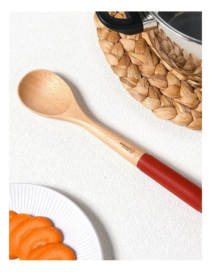 Rustic Beech Wooden Spoon with Silicone Grip 35x5.9x2.6cm in Red