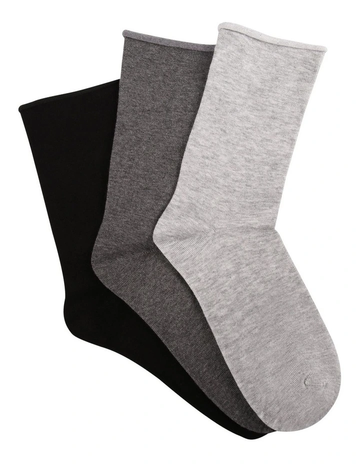 Cotton Blend Comfy Crew Length 3 Pair Socks in Black/Charcoal Marle
