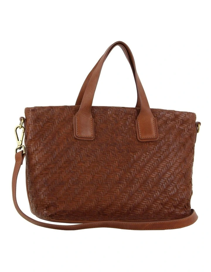 Woven Embossed Leather Tote Bag in Dark Tan