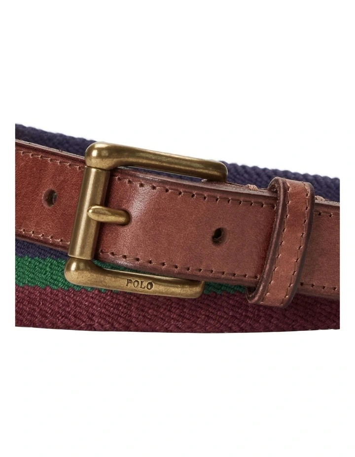 Leather-Trim Striped Belt in Navy
