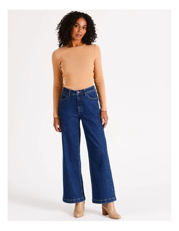 Organic Blend Crew Neck Long Sleeve Rib Tee in Chestnut