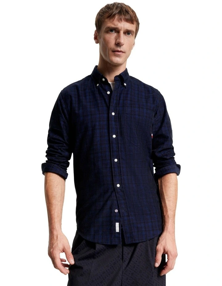 Small Corduroy Tartan Long Sleeve Shirt in Navy