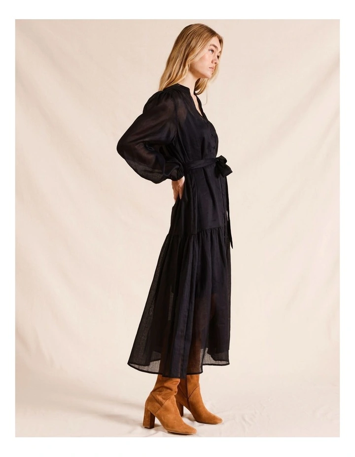 Ramie High Neck Long Sleeve Midi Dress in Black