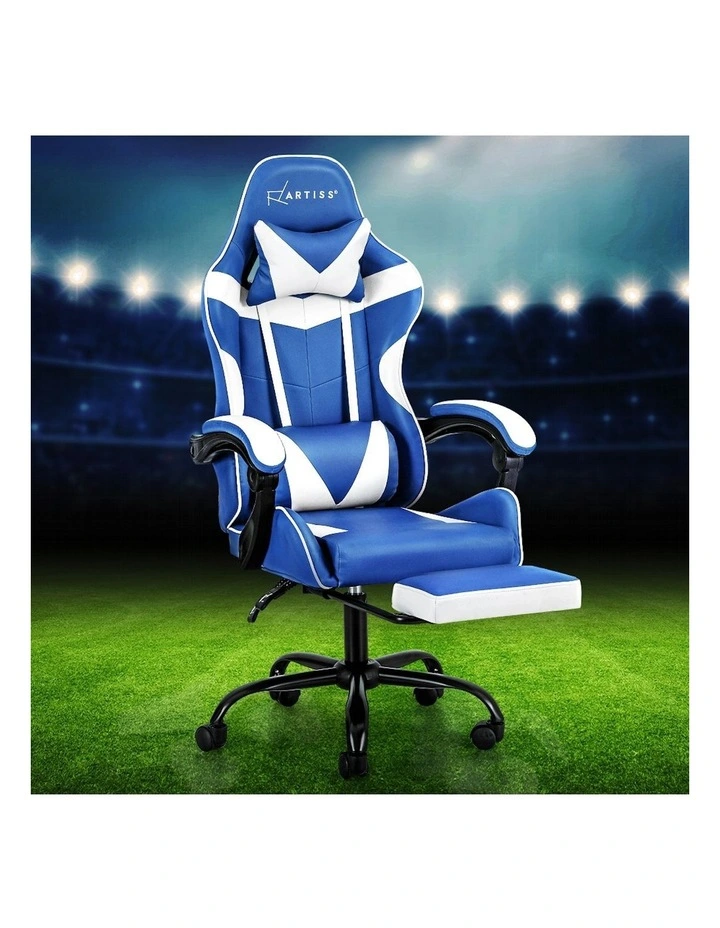 Gaming Office Chair Recliner Footrest in Blue White