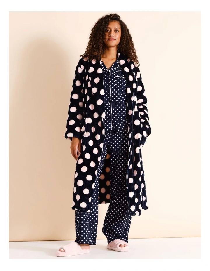 Fleece Long Robe in Navy Spot