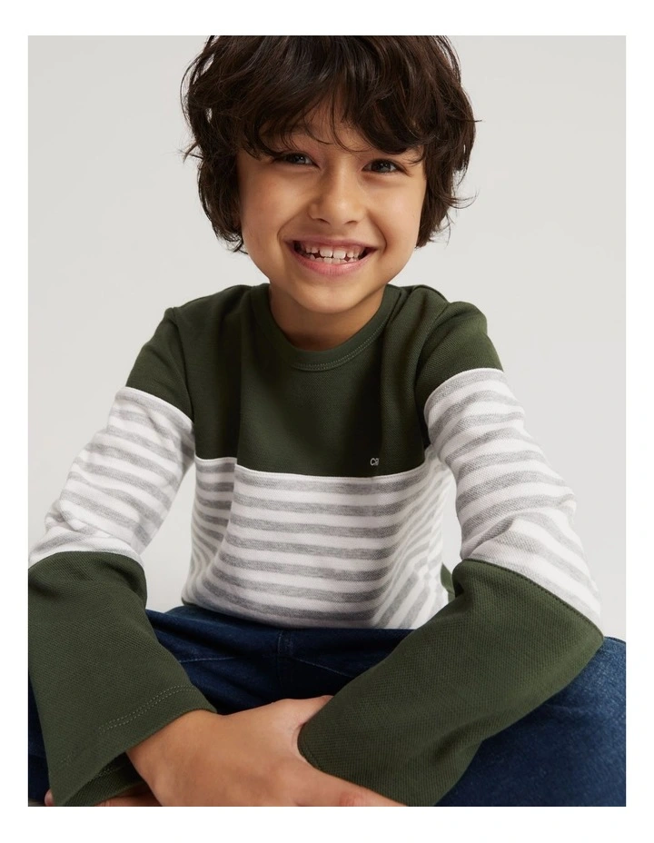 Organically Grown Cotton Block Stripe T-shirt in Khaki Green