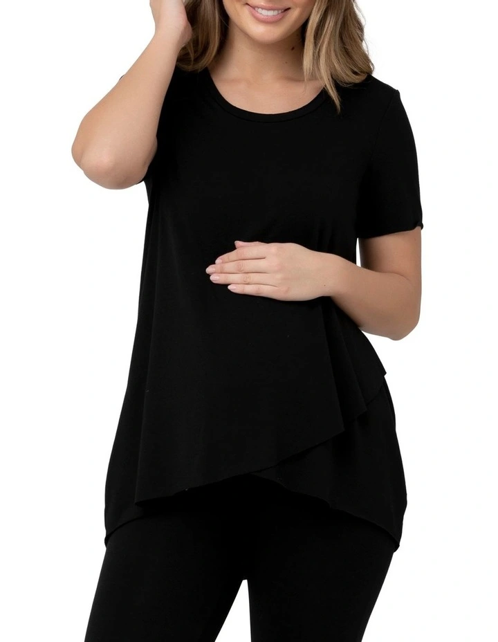Short Sleeve Raw Edge Nursing Top in Black