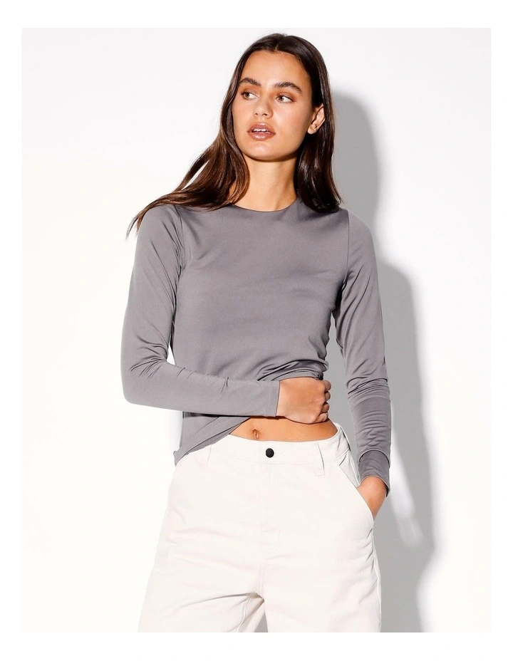 Recycled Blend Smooth Crew Neck Long Sleeve Tee in Charcoal