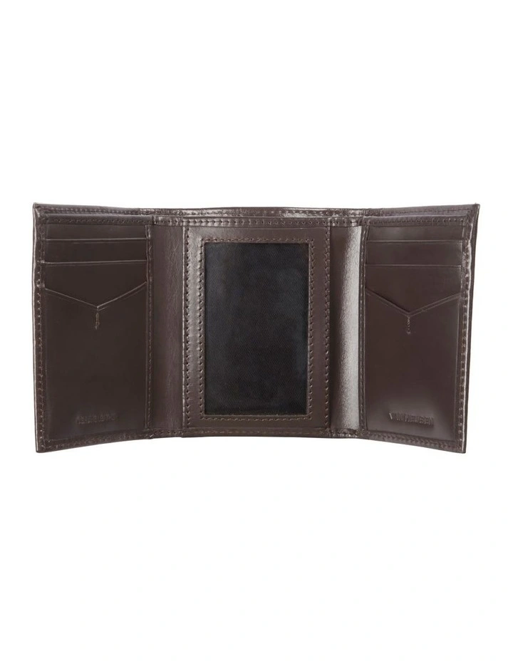 ID Window & Perforated Detail Trifold Zip Wallet in Brown