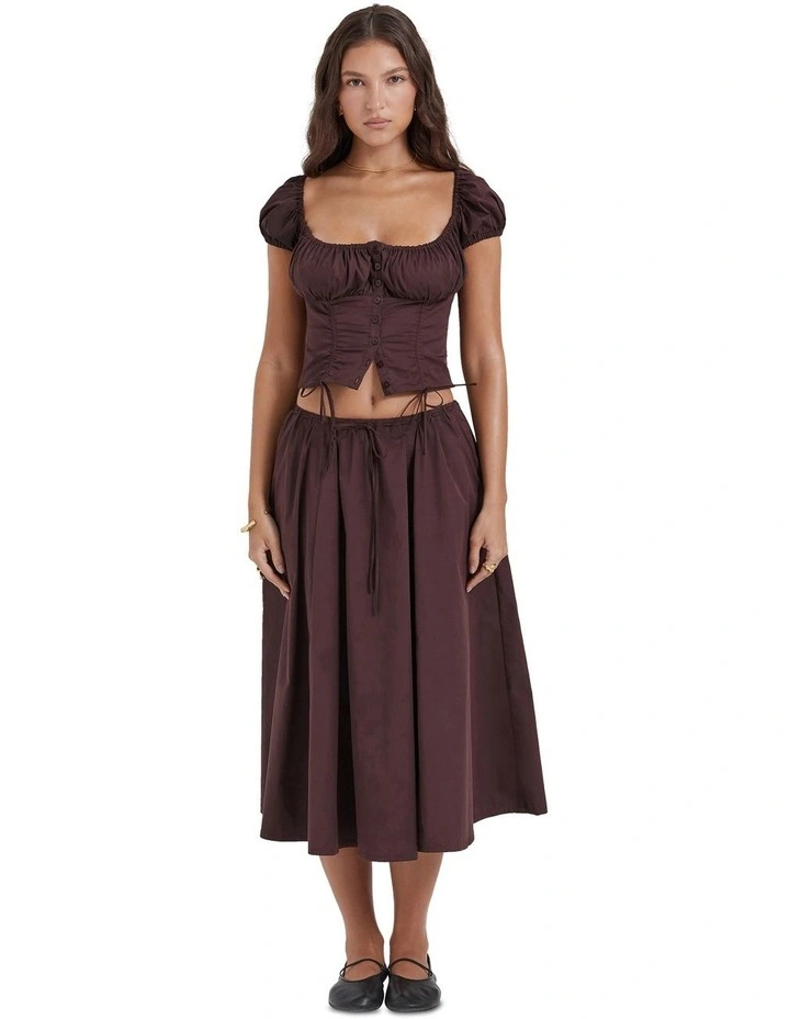 Cora Gathered Midi Skirt in Rich Brown