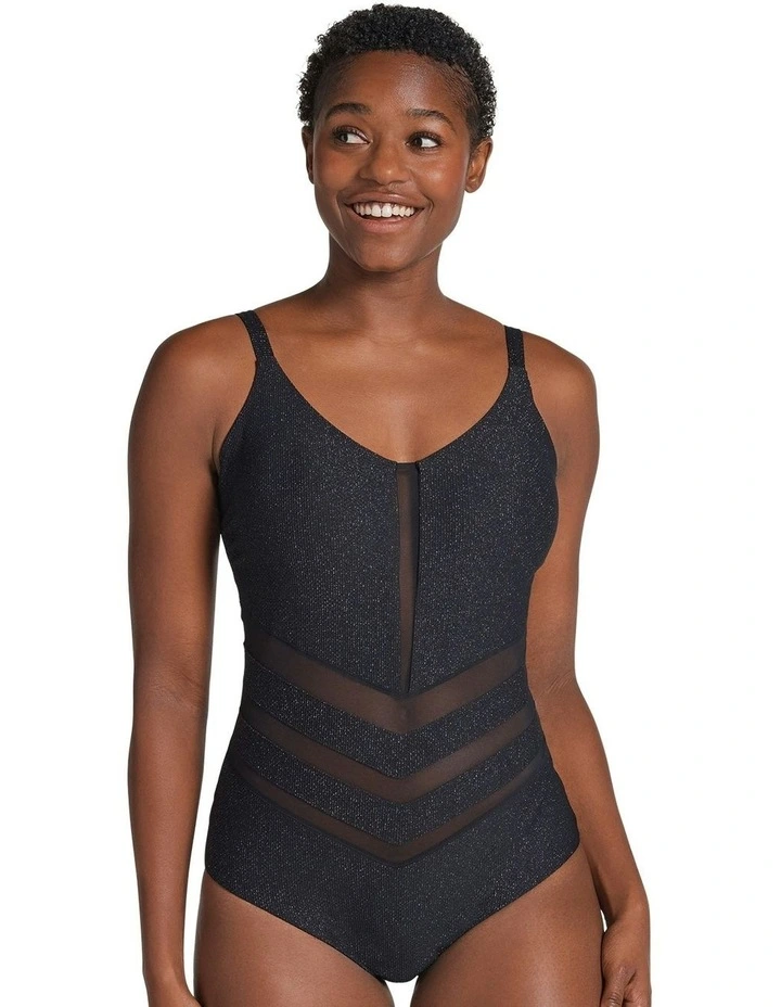 Glittery Backless Tummy Shaping One-Piece Swimsuit With Mesh in Black