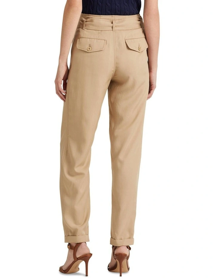 Belted Twill Cropped Pant in Beige