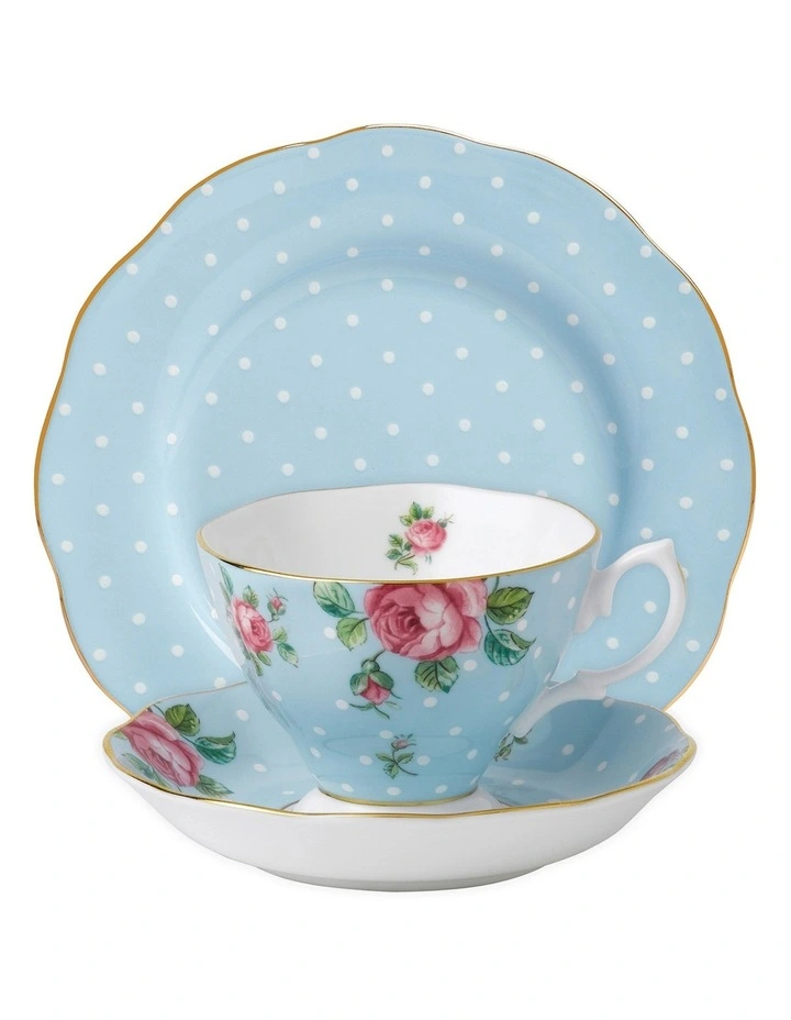 Polka Teacup Saucer & Plate Set Blue