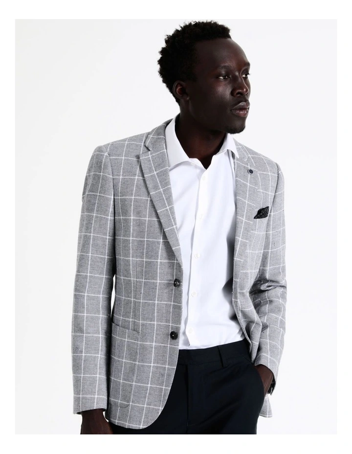 Slim Windowpane Linen Blend Blazer in Grey