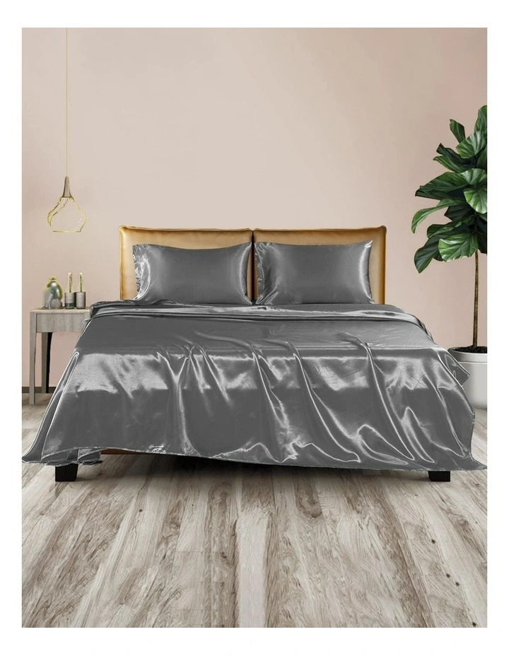 Silky Satin Fitted Flat Bed Sheet Pillowcases Single in Grey