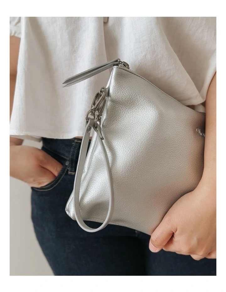 Vegan Leather Nappy Changing Pouch in Metallic Silver