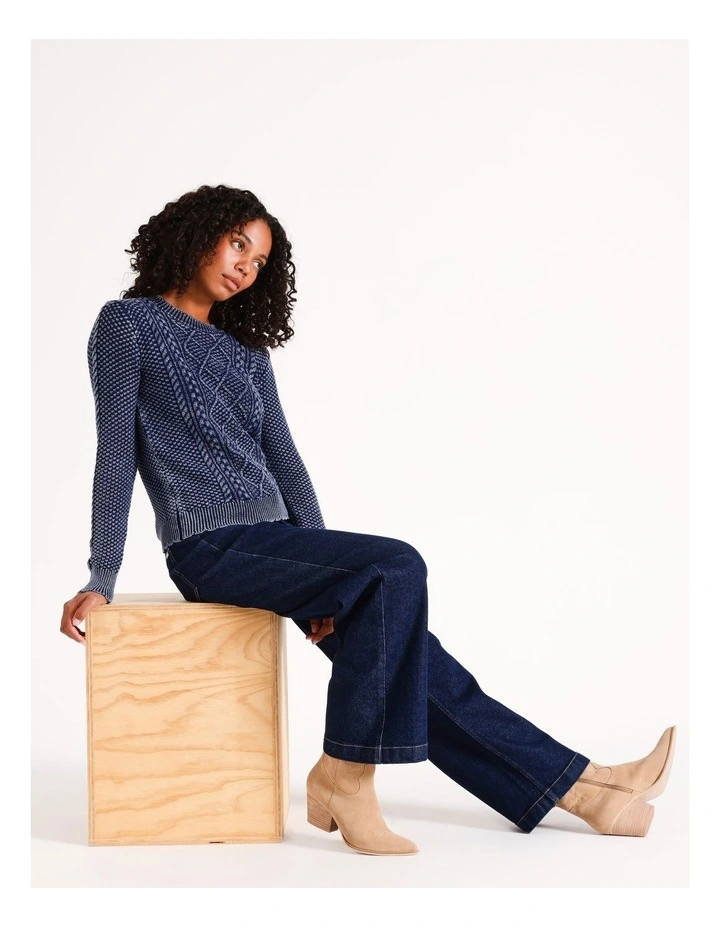 Washed Cable Knit Jumper in Navy