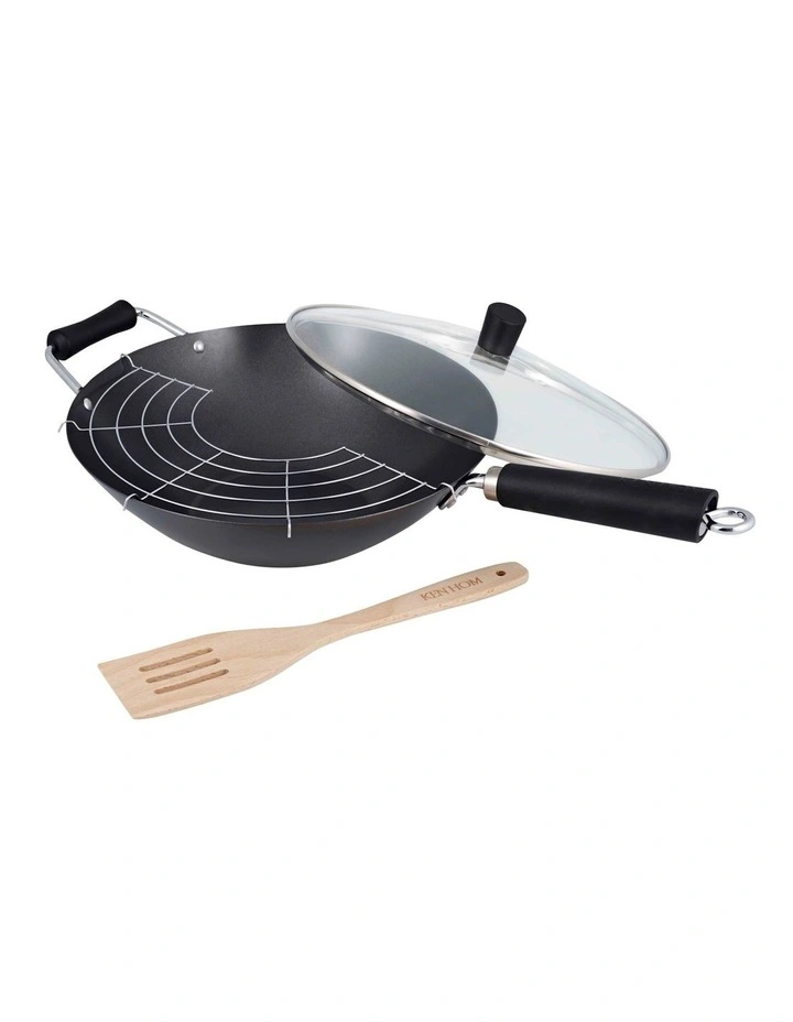 Non-Stick 4 Piece Carbon Steel Wok Set 31cm