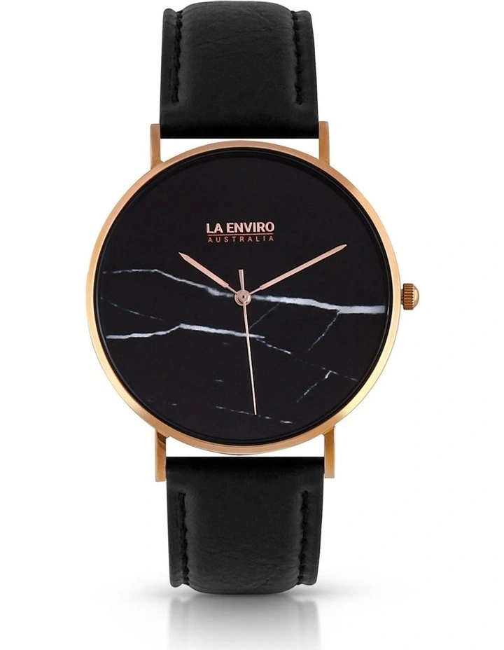 Pineapple Leather Rose Gold Black Strap Marble 40 mm Watch