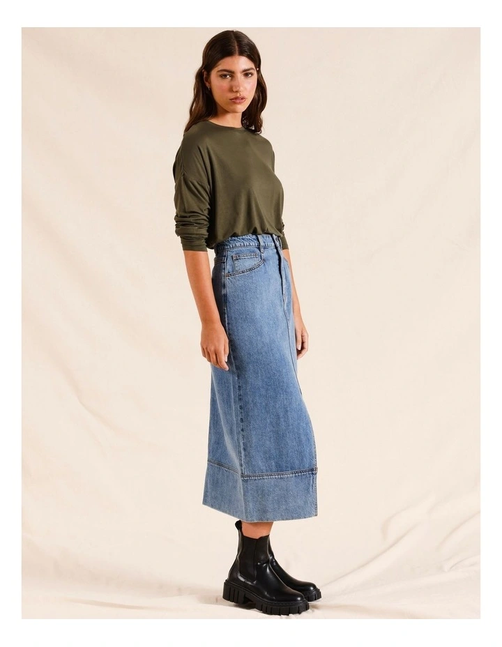 Denim Midi Split Front Skirt in Denim