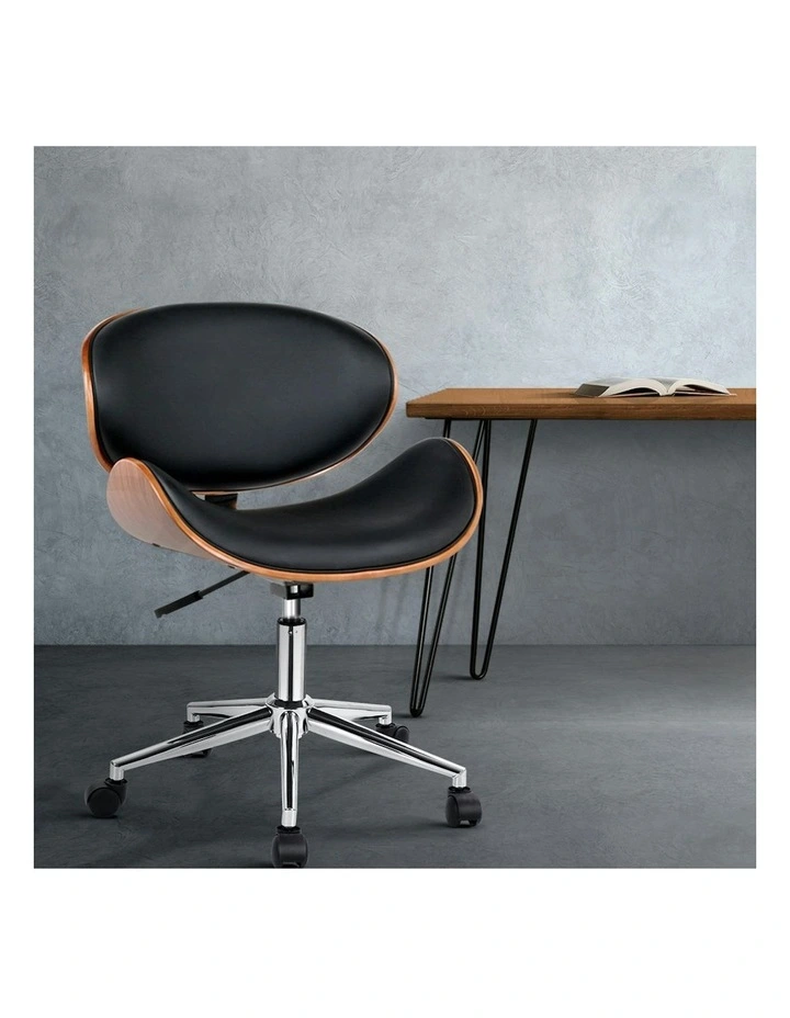 Wooden Office Chair Leather Seat in Black
