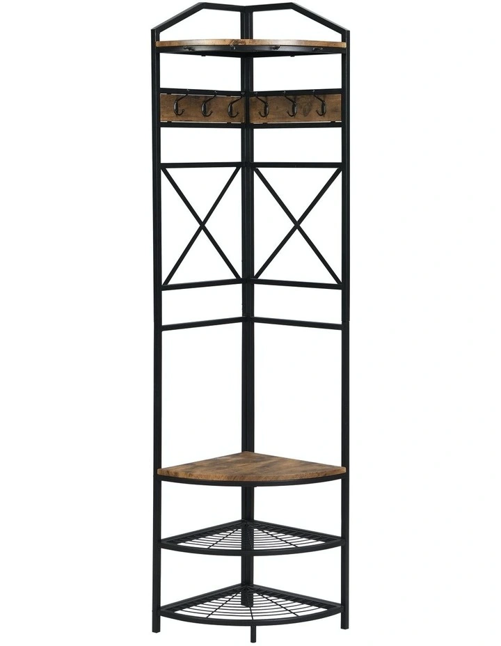Industrial Corner Hall Tree with Shoe Bench & Coat Rack in Dark Brown