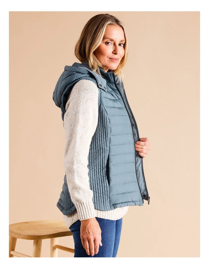 Recycled Polyester Straight Quilted Vest With Removable Hood In Dusty Blue