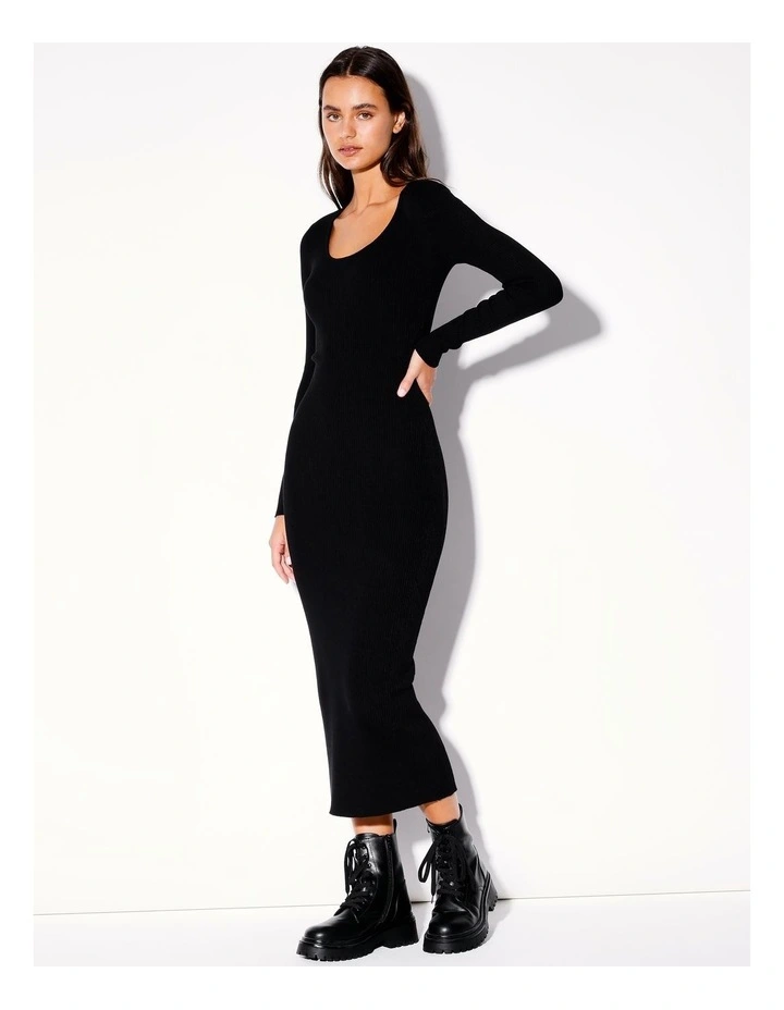 Eco Blend Scoop Neck Long Sleeve Knit Midi Dress in Black