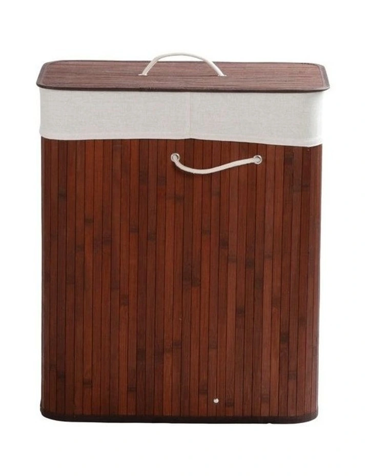 Rectangular Folding Bamboo 2 Section Sorter Laundry Basket 105L in Brown