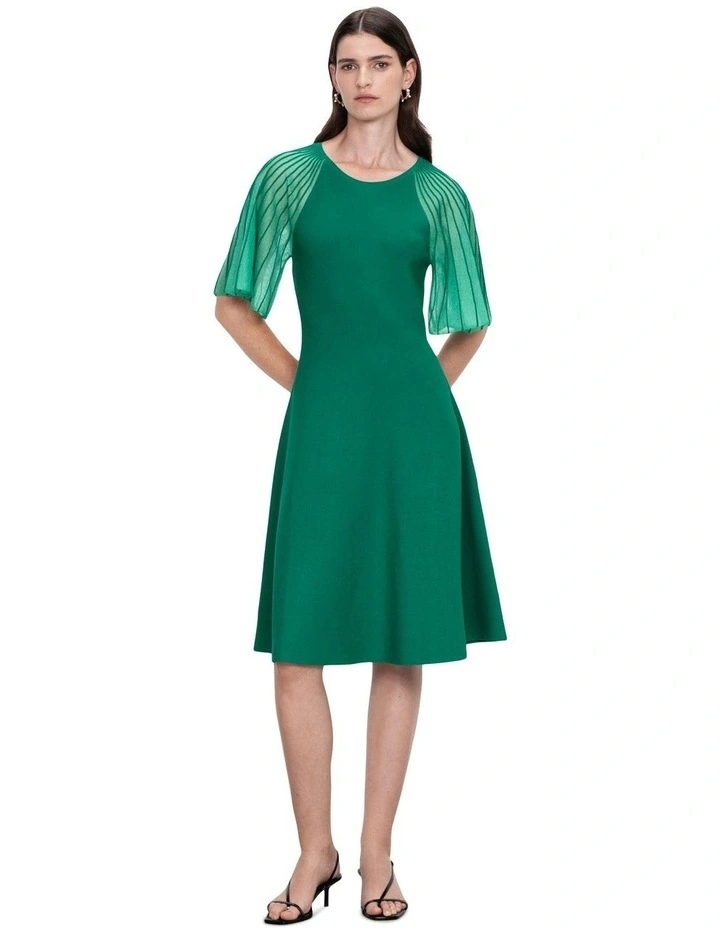 Sheer Pleated Sleeve Knit Dress in Emerald