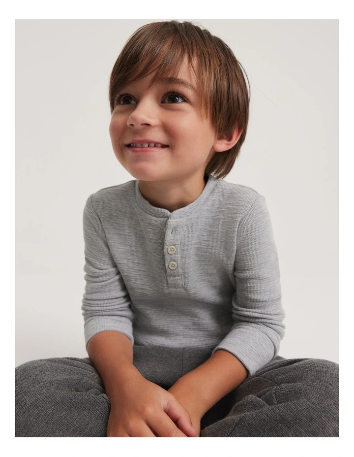 Organically Grown Cotton Slub Texture Henley Top in Light Grey Marle