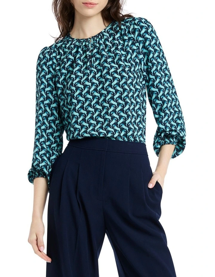 Go My Own Neigh Blouse in Navy/Gum Leaf