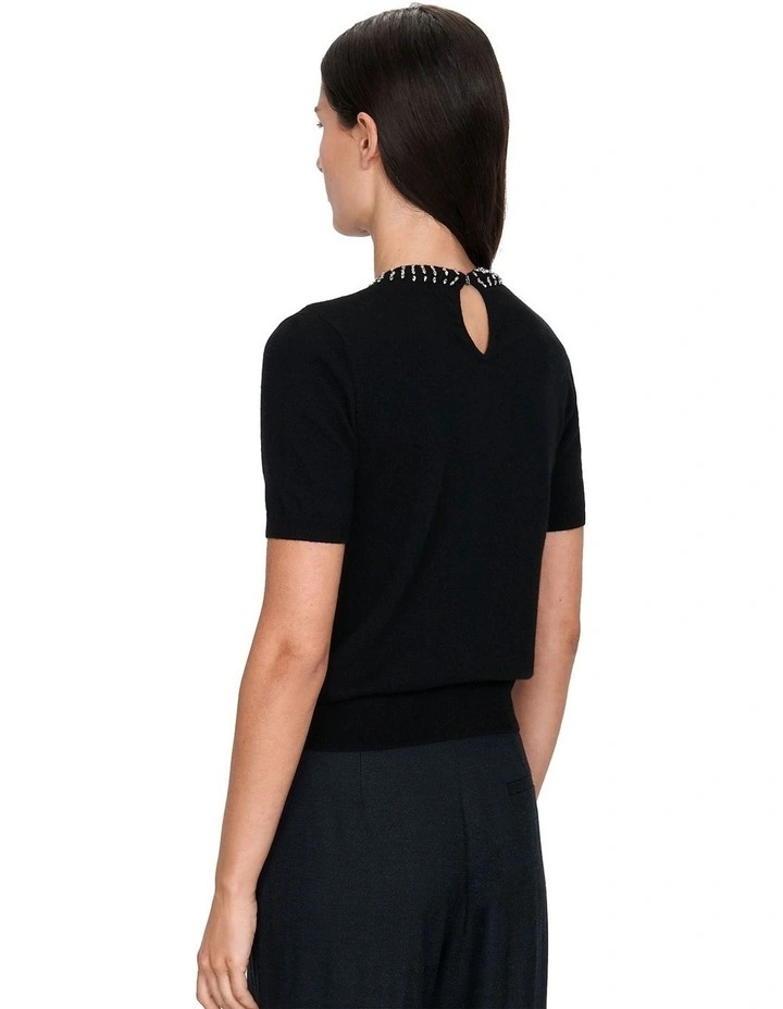 Beaded Short Sleeve Knit Top in Black