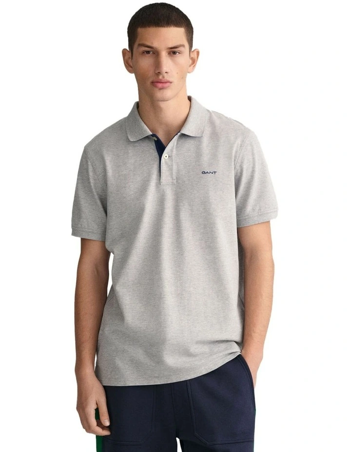 Contrast Collar Pique Short Sleeve Polo Shirt in Grey Melange