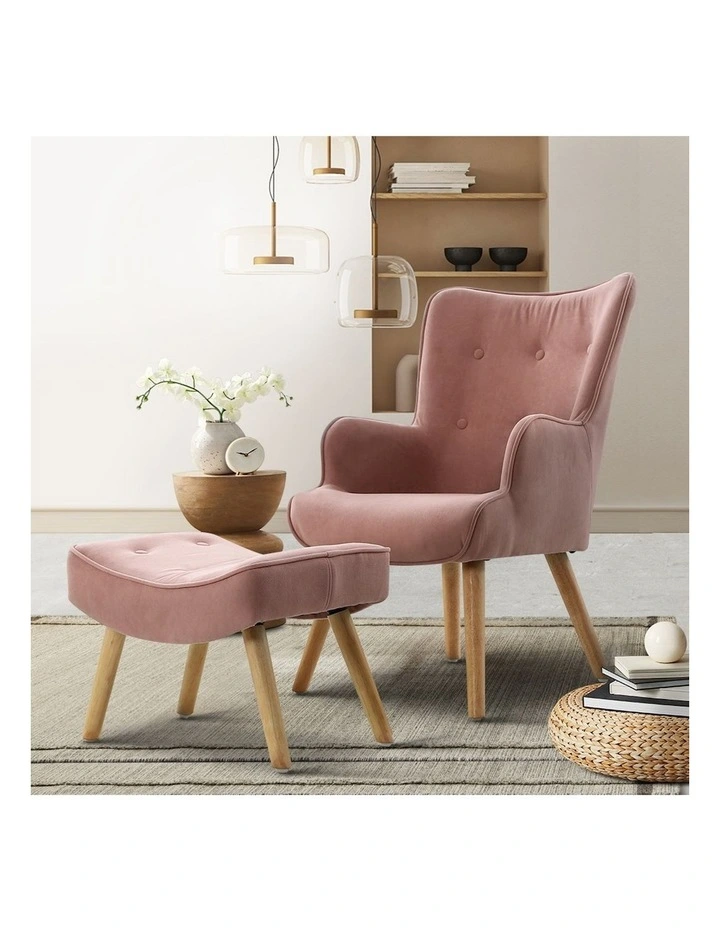 Armchair Set with Ottoman Lansar in Pink