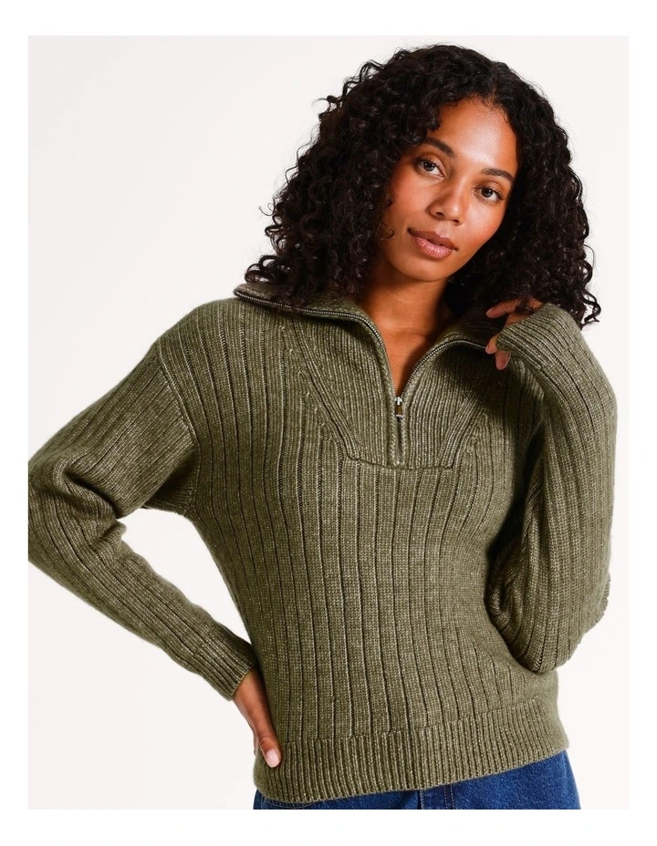 Recycled Blend Zip Neck Rib Jumper in Khaki