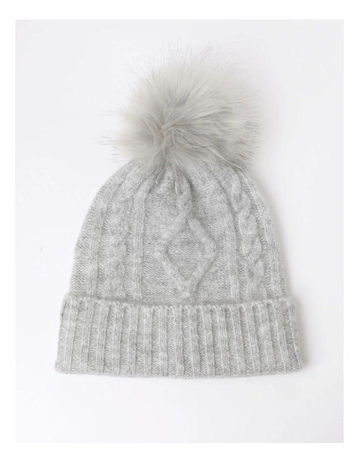 Cable Beanie With Pom in Grey Marle