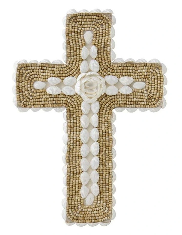 Handmade Shell and Narrow Weave Cross Wall Art in Multi