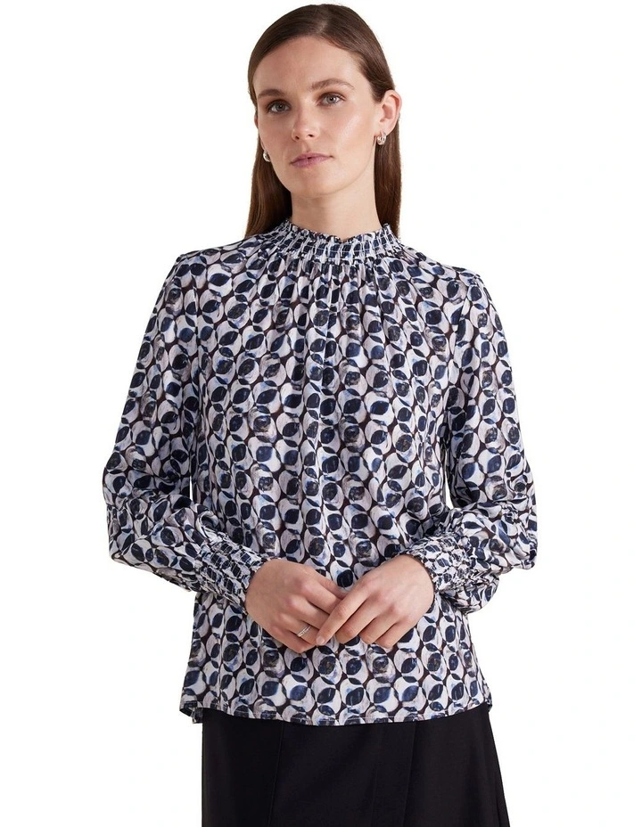 Long Sleeve Shirred Top in Crystal Geo