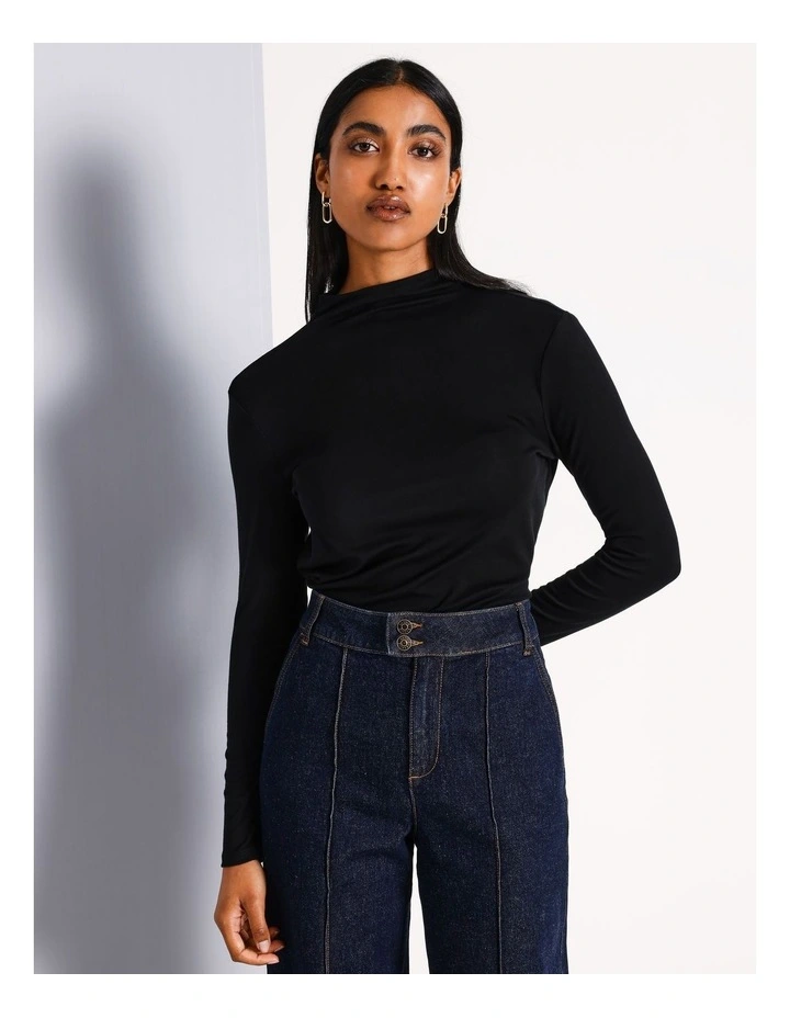 Stand Neck Long Sleeve Tee in Black