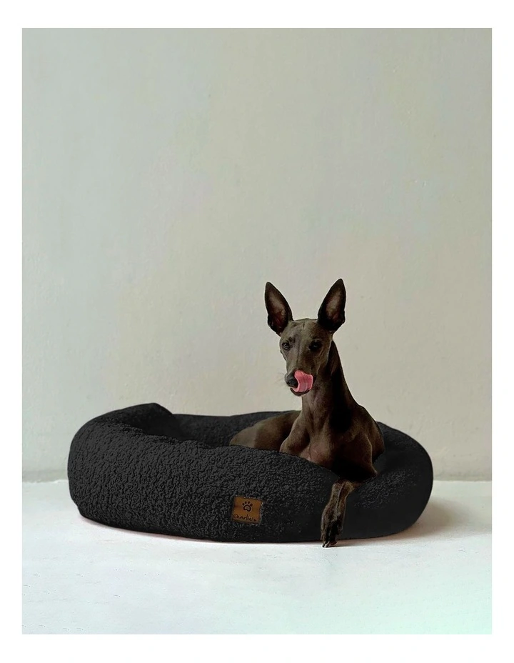 Teddy Fleece Round Calming Dog Bed in Charcoal